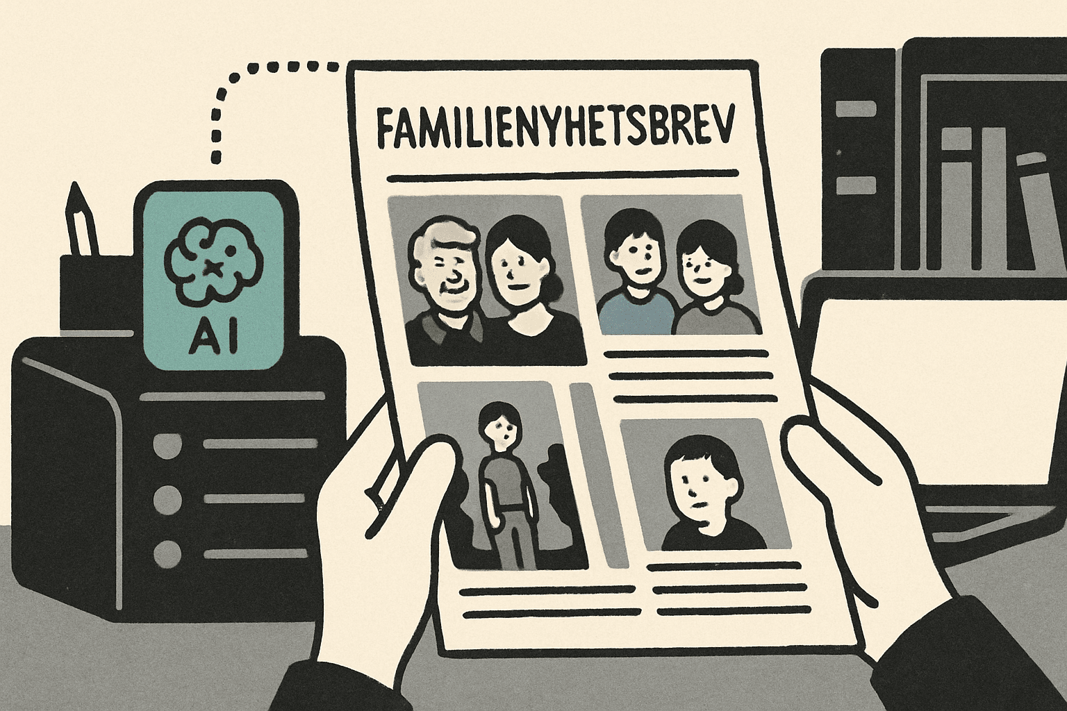 Illustrasjon til idéen KlasseAvisen for familier — AI-laget månedlig papiravis