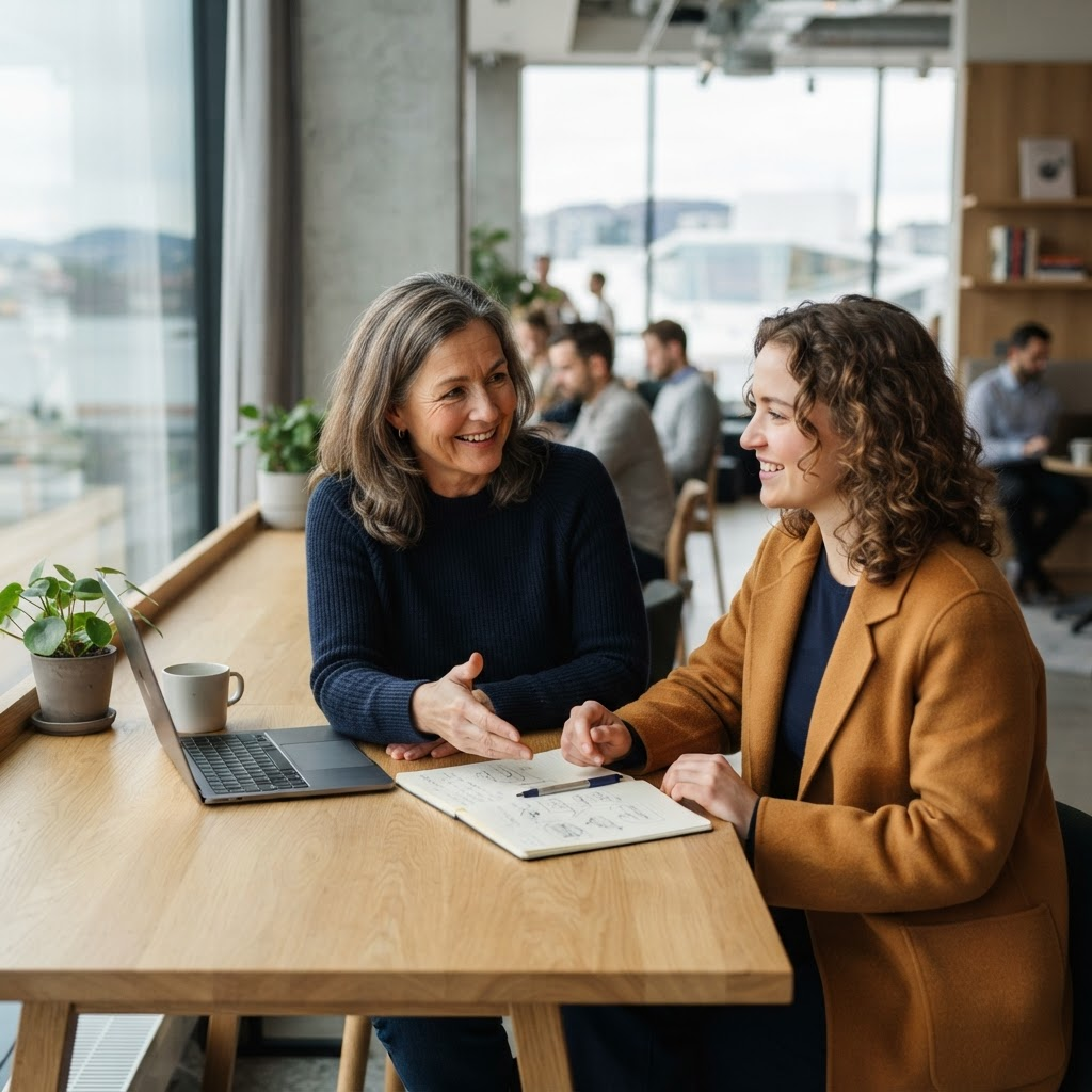 Mentor som hjelper en ny gründer med oppstartsplanen