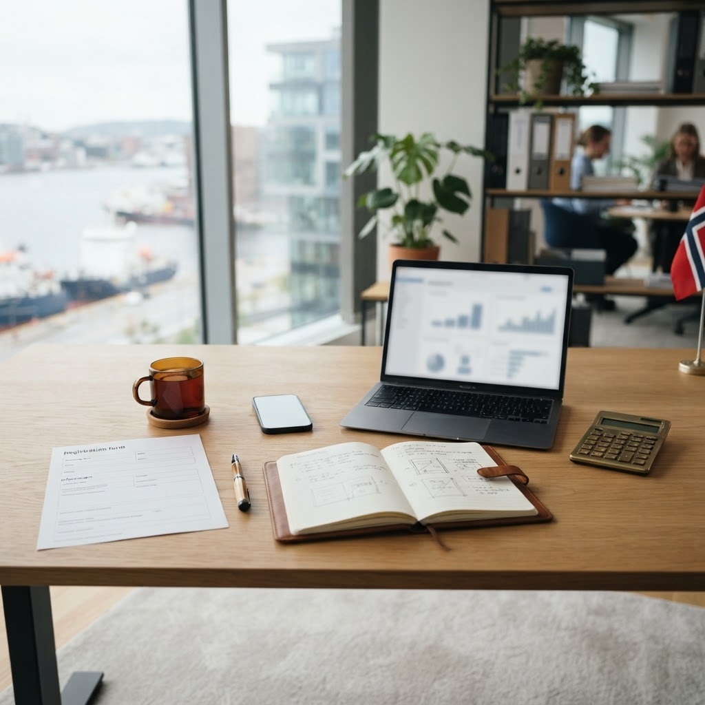 Arbeidsbord med dokumenter og verktøy for å starte enkeltpersonforetak